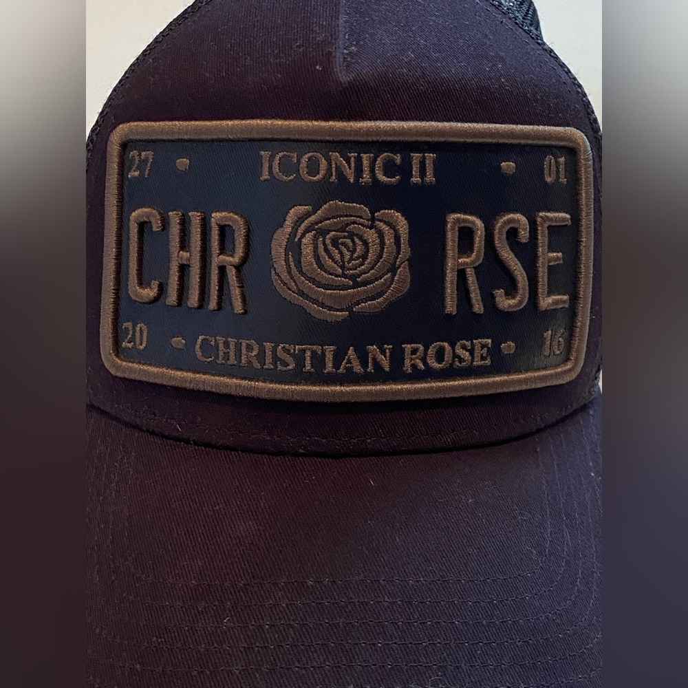 Christian Rose Navy Vinyl Iconic II Plate Men’s Trucker Baseball Cap - Picture 4 of 15
